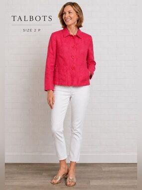 TALBOTS Coral Red Cropped linen preppy Blazer with Classic Lapel/size 2P